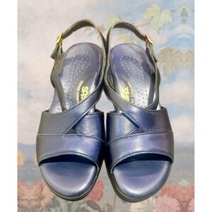 SAS Tripad Comfort Navy Blue Leather Slingback Wedge Sandals Womens 6.5 M USA